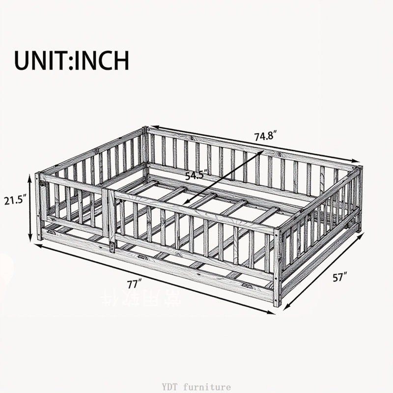 Lit double en chêne avec clôture et porte Montessori, Lit double, Chêne