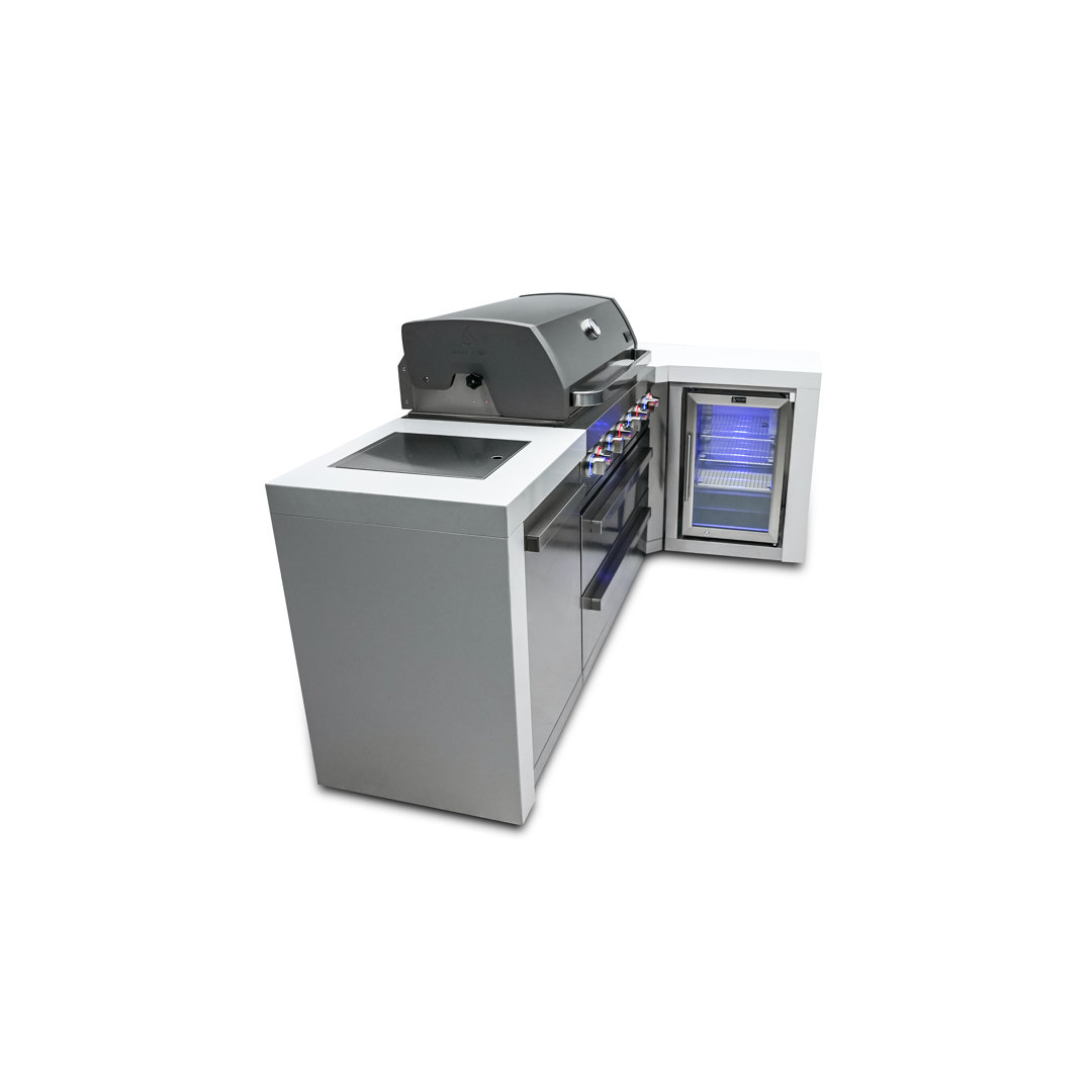 Mont Alpi 805 6 Burner 115000 BTU MAi805-D90FC L-shaped Stainless Steel Deluxe Modular Outdoor Kitchen Island Grill + Fridge Cabinet, 2 Infrared Burners, Granite Countertops, Rotisserie, Weather Cover Mont Alpi