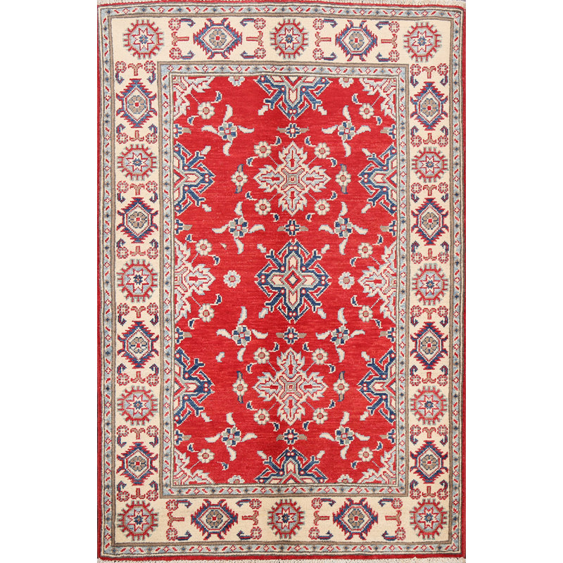 Tapis rouge / ivoire / bleu marine en laine noué à la main 3 pi 5 po x 4 pi 10 po