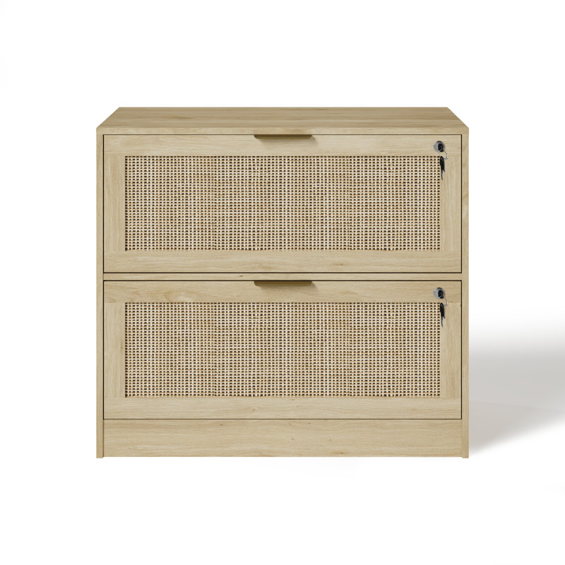 Classeur en rotin l 31,1 po avec 2 tiroirs et serrure, Bois naturel