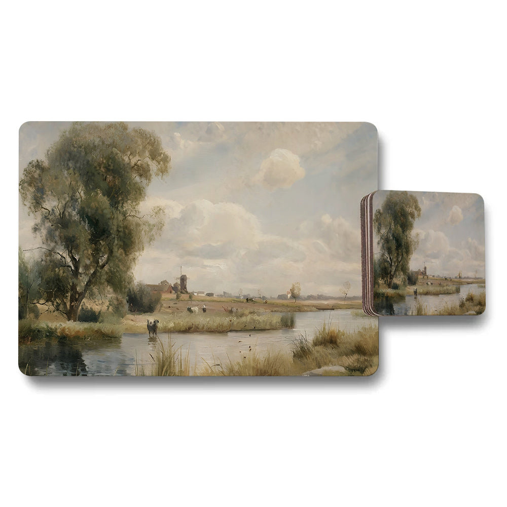 Rustic River Landscape Placemat And Coaster Set With Artwork