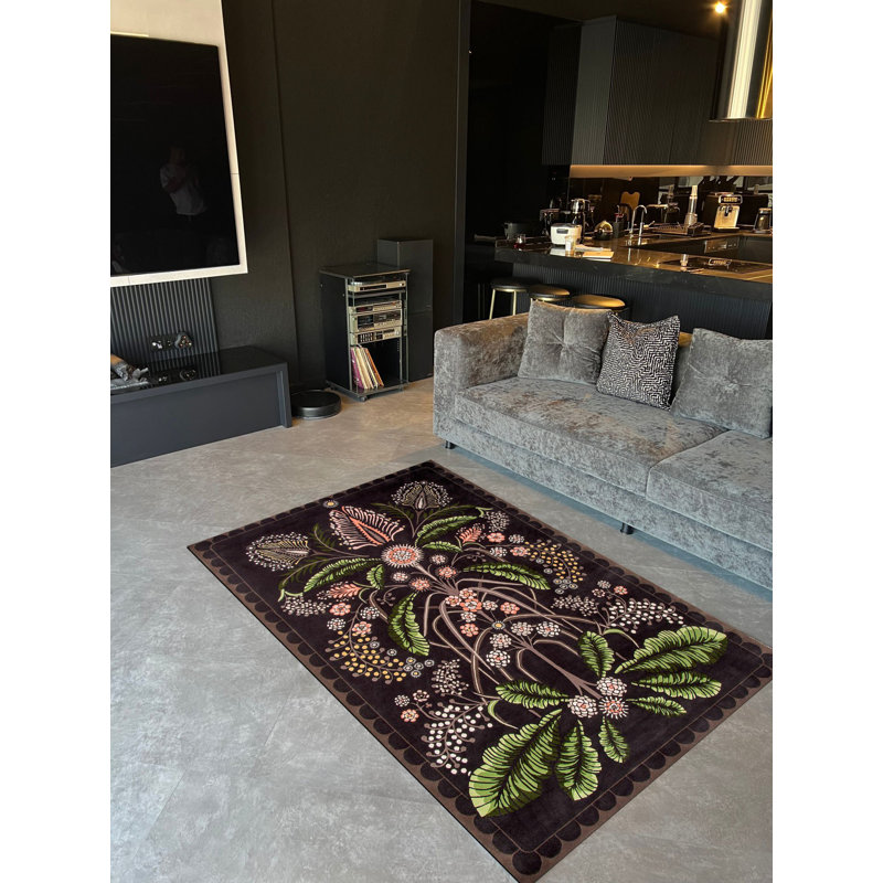 Tapis brun-vert floral à motif botanique, Rectangle 4 pi 11,06 po x 9 pi 10,11 po