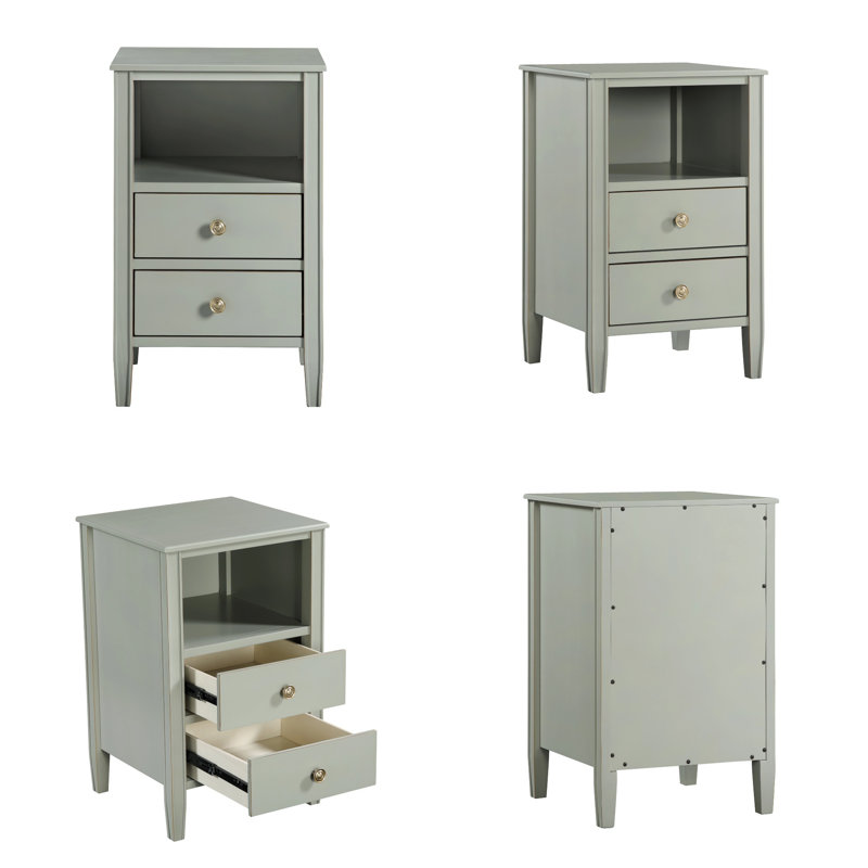 Winston 2-Drawer Nightstand with Open Shelf, Brushed Gold Knobs, Fluted Tapered Legs, No Assembly Required, Gray