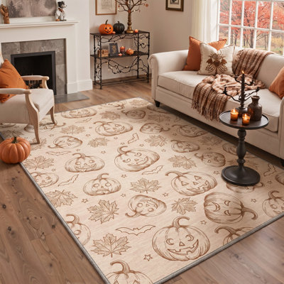 Halloween Vintage Pumpkin Area Rug, Cream / Brown, Machine Washable, Low-Pile, Non-Slip