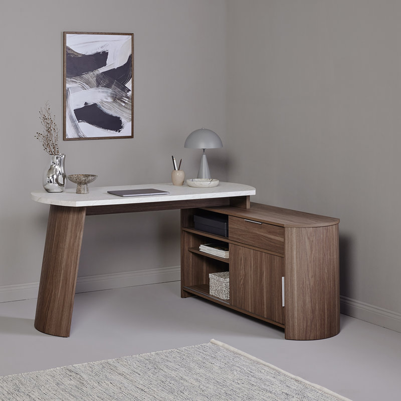 Slash 59,05" L-Shaped Writing Desk with Storage Cabinet, White/Brown