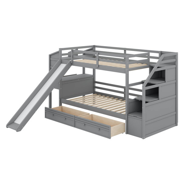 Harriet Bee Twin Over Twin Bunk Bed With Storage Staircase, Slide And ...