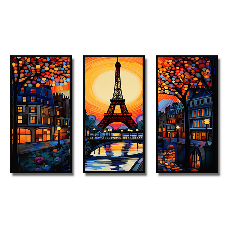 Coucher de soleil jaune et rouge sur Paris - Art mural de la ville de Paris, H 28 po x l 36 po x P 1 po, Cadre flottant noir