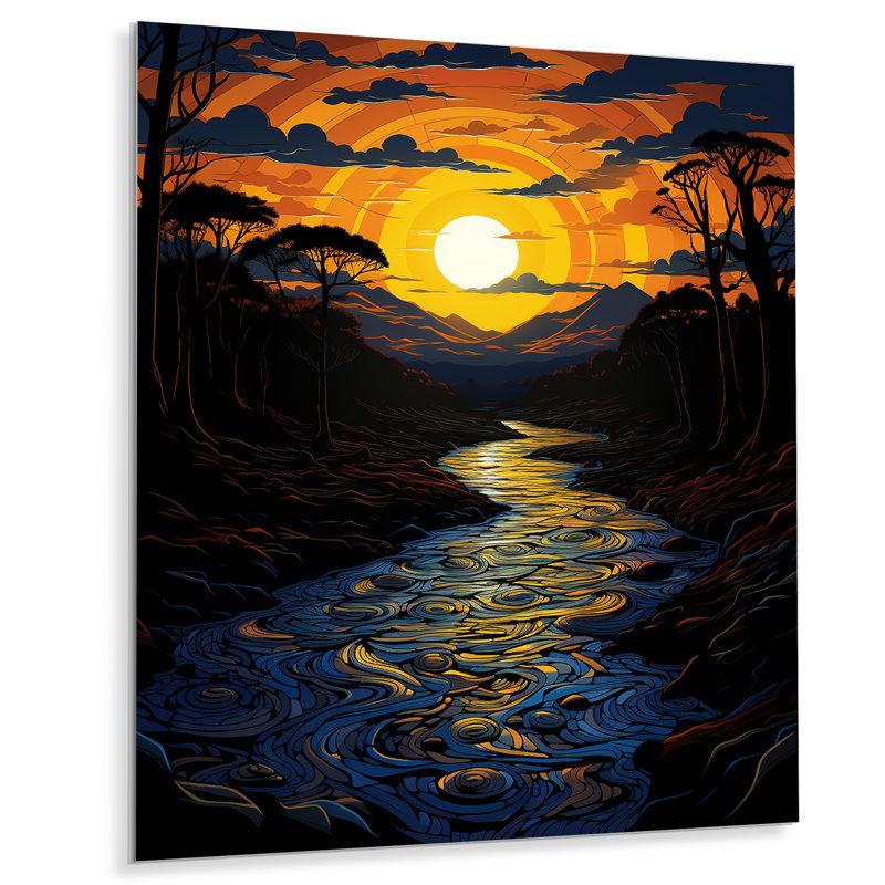 Coucher de soleil africain sur la rivière Jungle 2 - Art mural en métal Jungle, H 20 po x l 12 po x P 1 po