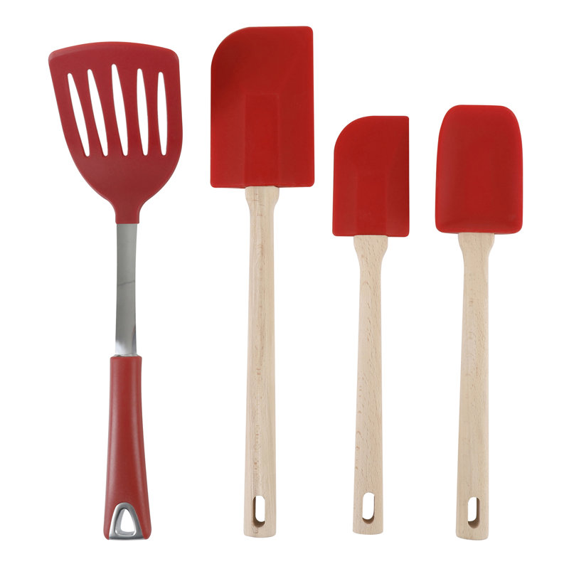 Red 10-Piece Wood and Silicone Kitchen Tool Set with Ceramic Crock