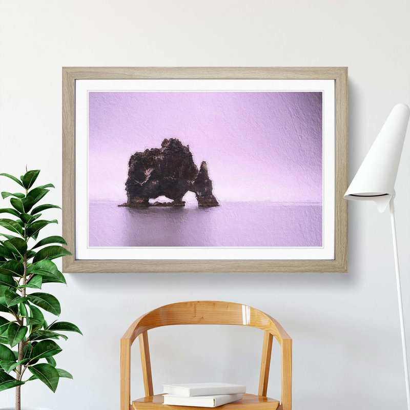 Rock Formation Under a Pink Sky in Iceland - Picture Frame Painting Print, 27cm H x 36cm W x 2cm D, Oak Framed