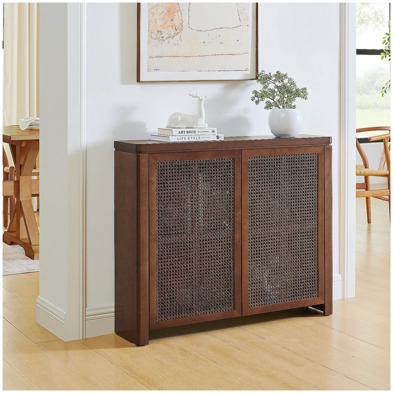 Buffet Mid-Century moderne en rotin avec 2 trous de sortie, rangement polyvalent pour différentes pièces, finition noyer