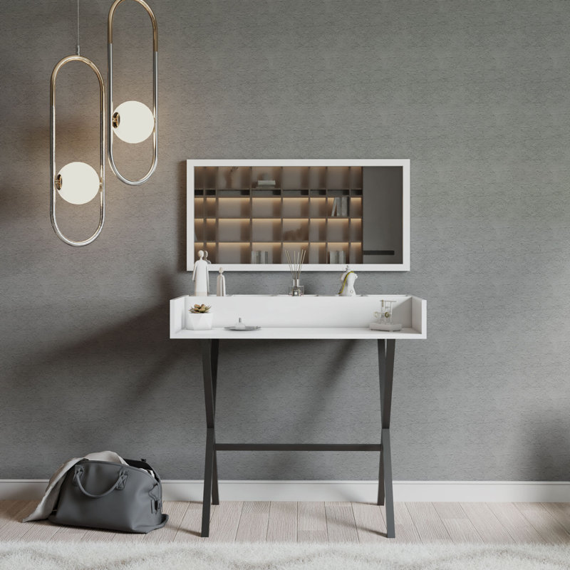 Modern Make-Up Table with Mirror, White & Black, 39.4 x 35.8 x 19.7 inches | 100% Melamine Coated Particle Board, Thickness: 0.7 inches | Metal Legs, Wall-Mountable, Multiple Shelves, Stylish and Functional Design