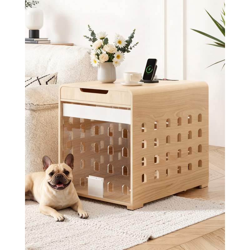 Modern Dog Crate Furniture With Charging Station Medium Kennel Indoor With Flip-up Hidden Acrylic Door For Small And Medium Breeds Up To 50lb Wood Pet End Side Table Cage, Oak