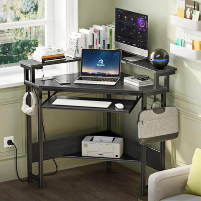 Corner Desk,44.5" W x 34.5" H Small Computer Desk with Power Outlets, Gaming Desk with LED Lights, Triangle Corner Table with Keyboard Tray & Monitor Stand for Small Space, Black