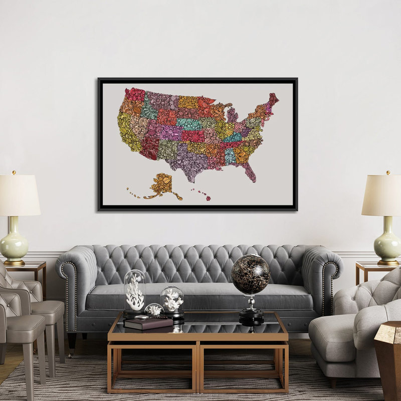 «US Map», impression sur toile, H 40 po x l 60 po x P 1,5 po, Toile avec cadre noir, Pas de tapis