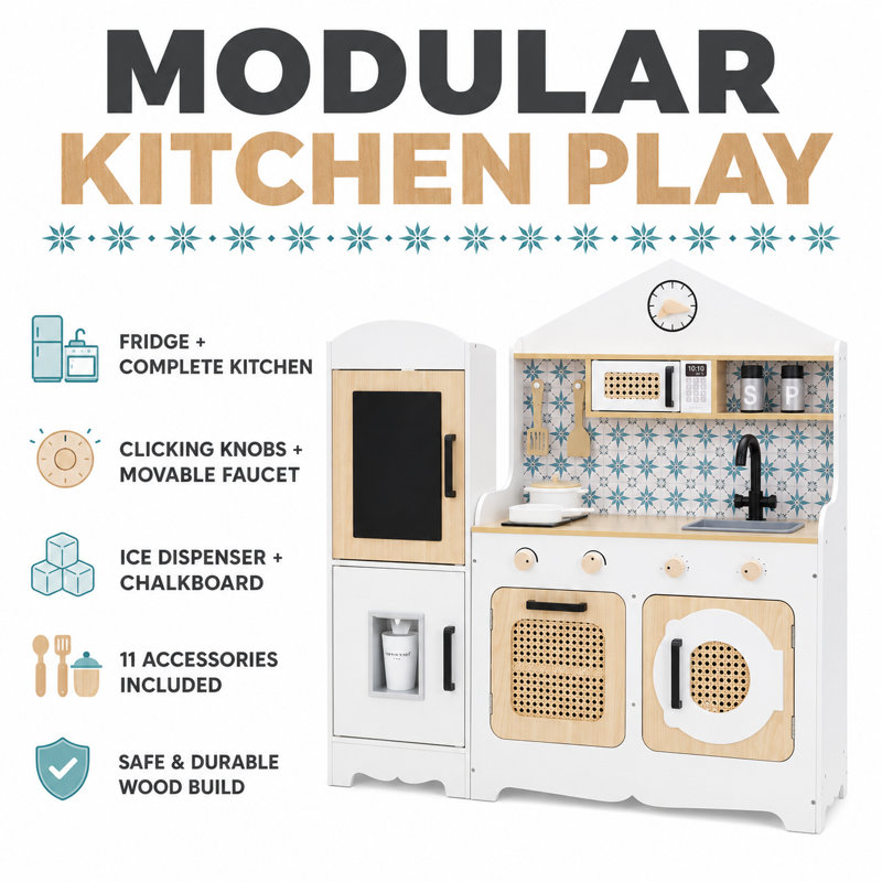Teamson Kids Little Chef Morocco Modular Wooden Pretend Play Kitchen with 11 Accessorie Set & Interactive Features