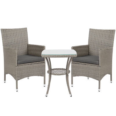 3 Piece Light Grey Rattan Bistro Set with 2 Armchairs and 2-Tier Tempered Glass Coffee Table, Garden Balcony Furniture with Washable Cushions
