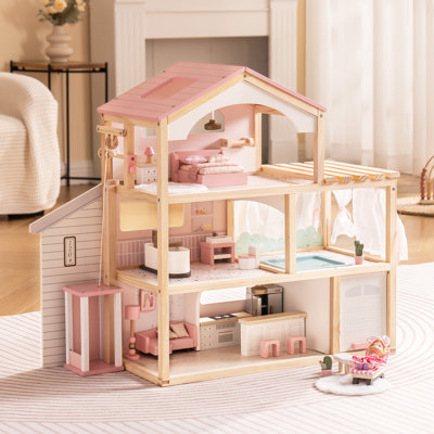 Wooden Dollhouse, Doll Villa With Furniture, With Elevator, Garage, Pavilion, And Swimming Pool, Gift For Children Aged 3, 4, 5, 6 And Up, Pink