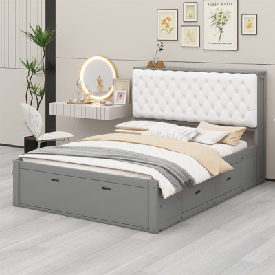 Lit plateforme en bois avec tête de lit, étagère à chaussures et tiroirs