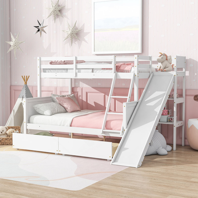 Lit superposé simple au-dessus de double avec 2 tiroirs, glissière, tablettes, échelle, lit superposé en bois d'hévéa avec glissière, tiroirs, blanc