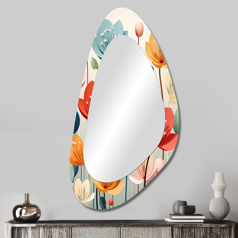 «Cecil Tulip», graphique minimaliste rétro - grand miroir asymétrique tulipes, décor de miroir mural de forme unique traditionnelle, art en métal imprimé