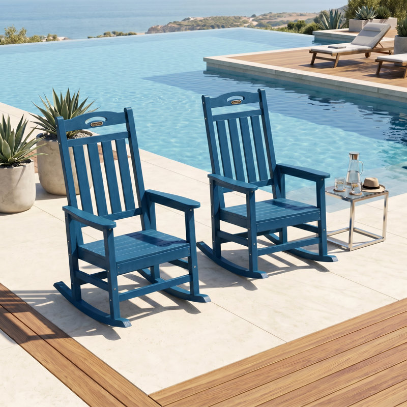 Outdoor Rocking Chairs Weather-Resistant HDPE Rocking Adirondack Chairs, Navy Blue