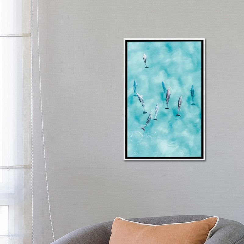 Reproduction d’art, "Cruisy Dolphins III" par Jaxon Roberts, Pas de tapis, H 26 po x l 18 po x 1,5 po, Toile blanche encadrée