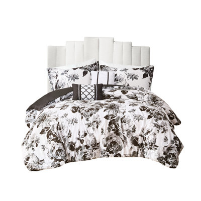 Full/Queen Ultra Soft Floral Comforter In Black And White Pattern, 2 Shams, Pillows, Machine - Washable Full Size Print With Fabric, Decorative