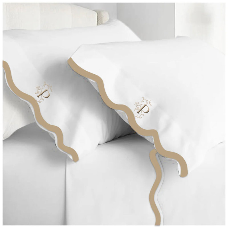 Monogram 400TC Applique Scallop Embroidery Cotton Sheet Set, Queen Sheet Set, Yes