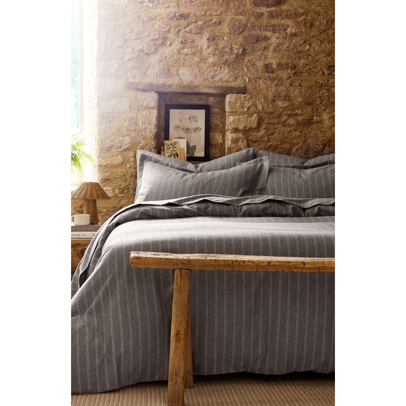 Flannel Stripe Duvet Cover Set, Queen Duvet Cover + 2 Standard Pillowcases, Silver