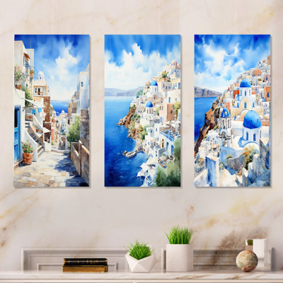 Greek Isles Santorini Village Dreams I - Greece Landscape Metal Art Print Set Of 3