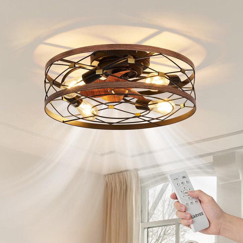 Ventilateur de plafond en cage 19 po avec lumière et télécommande, moteur réversible à 6 vitesses, minuterie, montage encastré pour la chambre à coucher et la cuisine