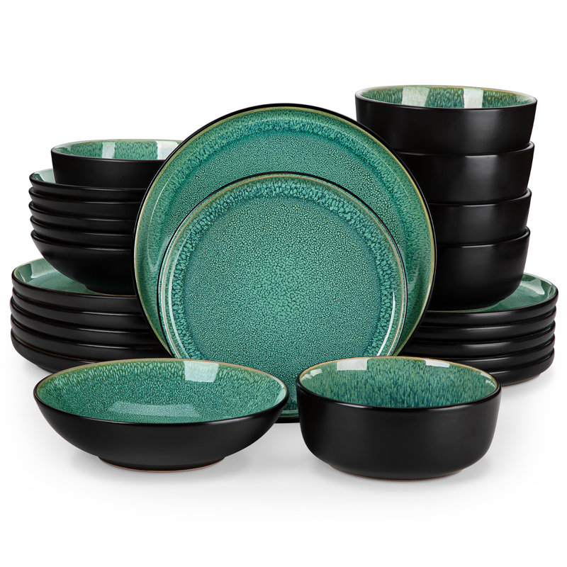 Service de vaisselle 24 pièces PLA, service pour 6 PLA, Vert / noir