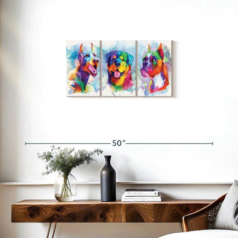 " Dogs Paint Splash Multi Piece Canvas Print " 3 - Pieces, 15" H x 32" W x 1.25" D