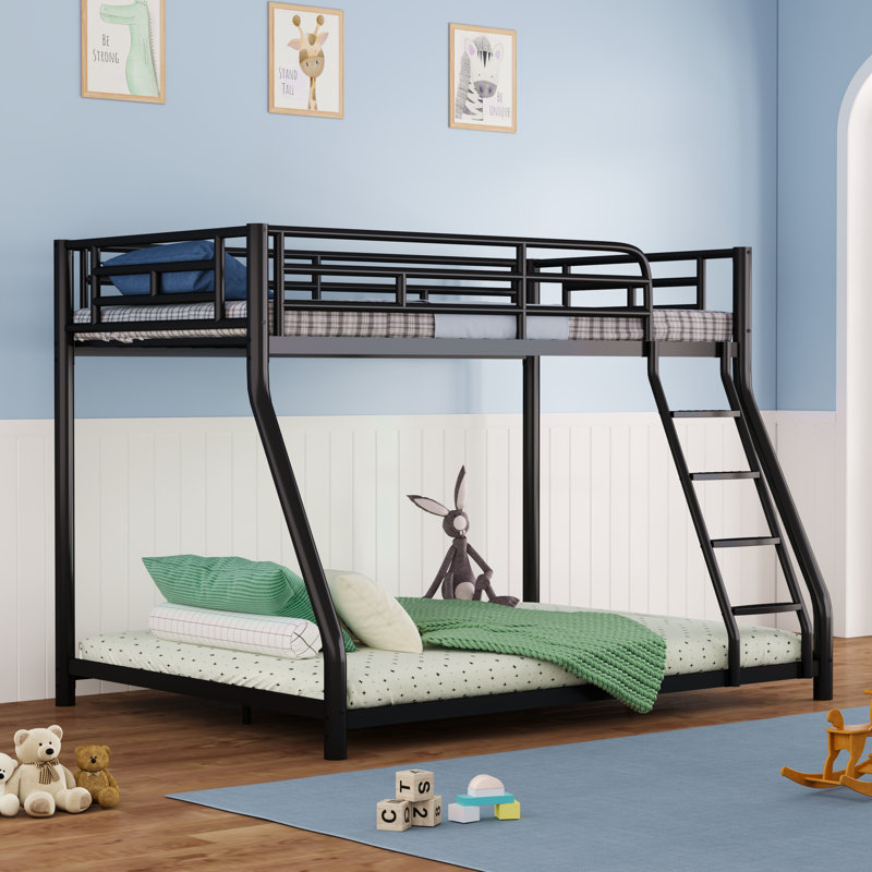 Metal Twin Over Full Size Bunk Bed,, Low Profile Bunkbeds with Length Guardrail and Ladder, Black