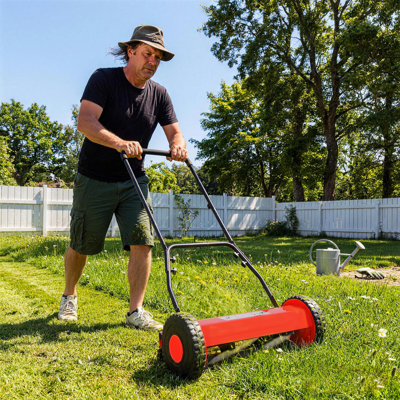 14" Manual Push Lawn Mower – Lightweight Hand Push Reel Mower Without Grass Catcher, Eco-Friendly Walk-Behind Mower for Small Yards, Gardens & Patios, Red