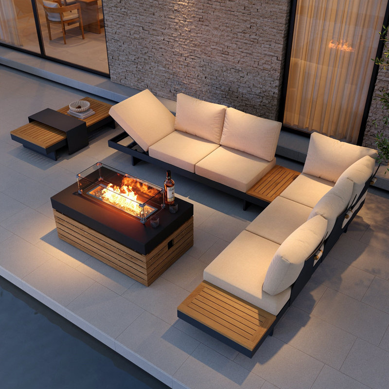 Modular Outdoor Sofa Set with Smokeless Fire Pit Table, 50,000 BTU CSA-Certified Patio Seating Group with Teak Tabletop & Waterproof Cushions