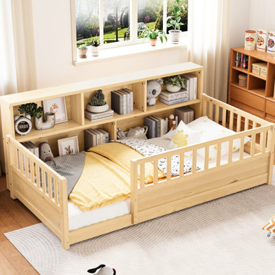 Natural Wood Twin Bed Frame With High Guardrail And Fence Storage Design, Bedroom Assurance Floor 21.4-inch Panel, Wood, Side Storage, Stable Support For