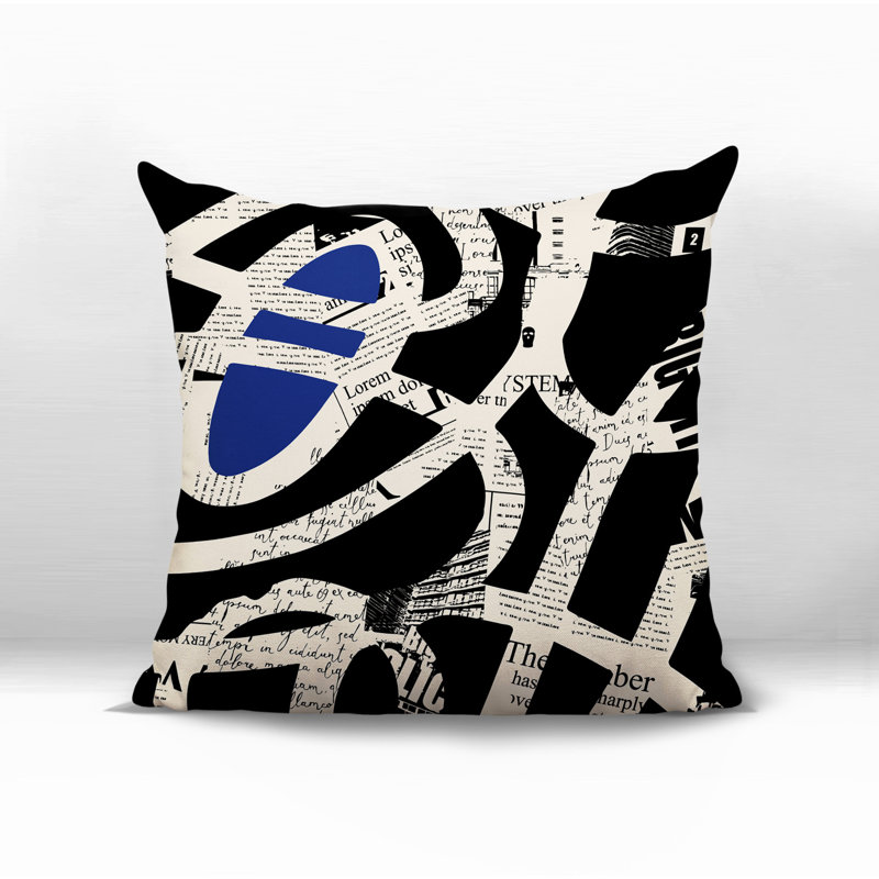 Oreiller carré réversible intérieur / extérieur Kaya, Bleu marine / noir / blanc cassé abstrait, H 15 po x l 15 po