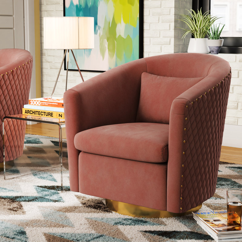 Skye Upholstered Swivel Barrel Chair, Dusty Rose Velvet, Gold