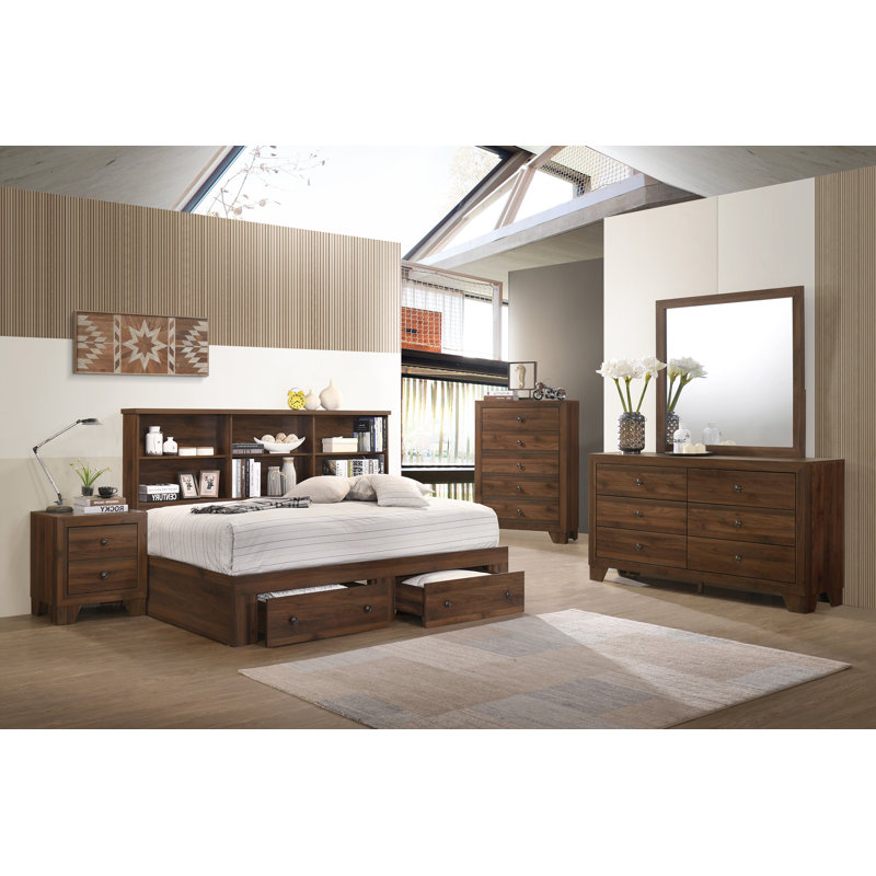 Ensemble de chambre à coucher à panneau Jomira Laure, Grand, 6 pièces : lit, 2 tables de chevet, commode, comm