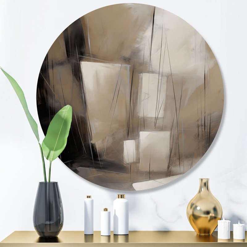 «Grey Beige Geometric Blend I», art mural rond abstrait en métal minimalisme, H 23 po x l 23 po x P 1 po