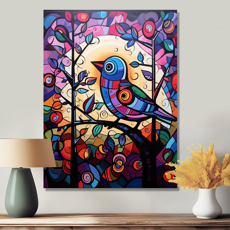 Vitrail oiseau chantant sur une branche Pop Art - impression d'art mural oiseau, Métal métal, H 32 po x l 16 po x P 1 po