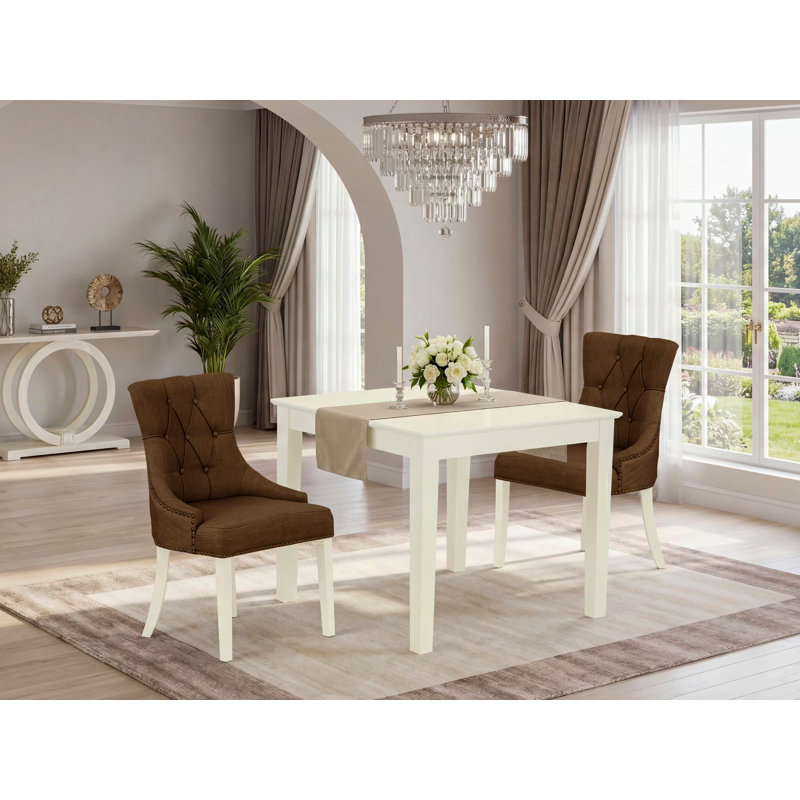 Ensemble de coin-repas 3 pièces pour petits espaces comprenant une table de salle à manger carrée et 2 chaises Parson rembourrées en tissu brun, lin blanc