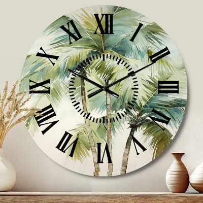 Green Minimalims Palm Trees I - Floral Black Face Wall Clock