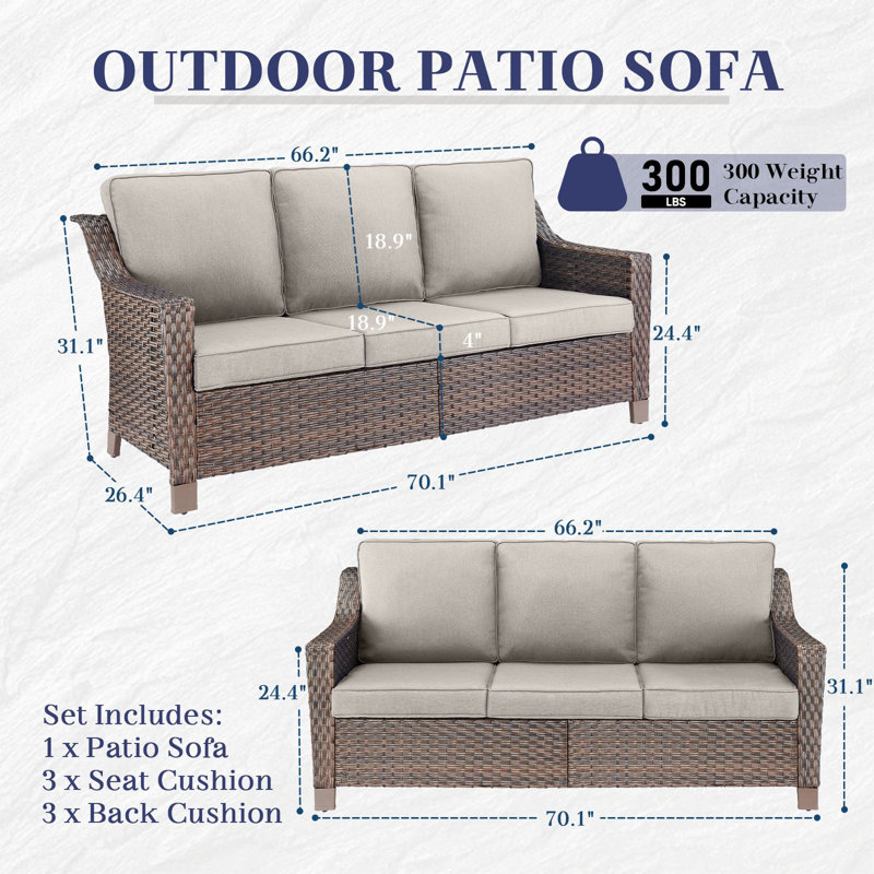 Jenesys Outdoor Wicker Furniture Set With Sofa, Club Chairs, Ottomans & Coffee Table - Durable, Stylish, Beige