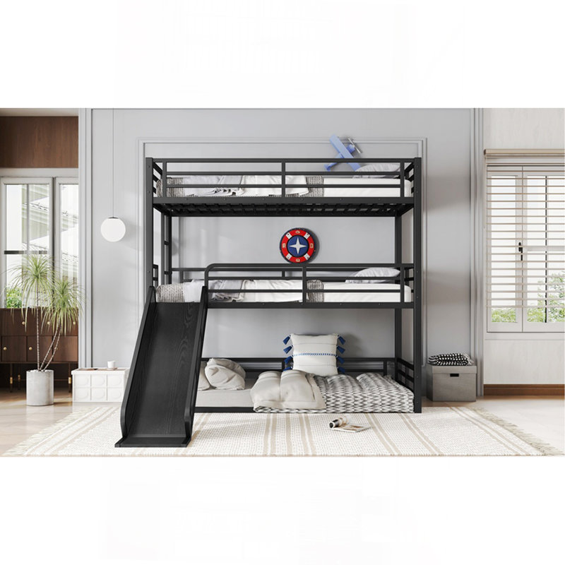 Twin XL Over Twin XL Over Twin XL Bunk Bed With Slide, Metal Triple Bunk Bed With Safety Guardrails, Heavy-Duty Bunk Bed With Noise-Reduced Design, Black