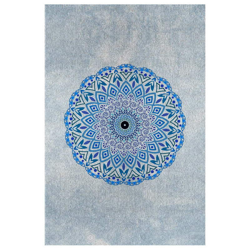Mandala Collection Digital Print Cotton-Polyester Geometric Blue Gray Rug, Round 6'7"
