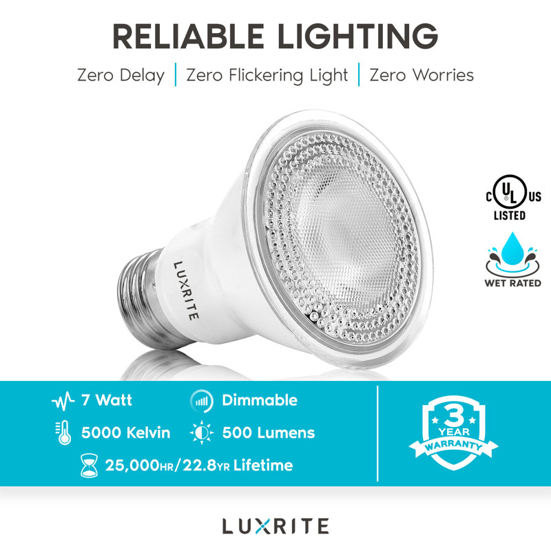 7 watts (50 watts équivalents), DEL PAR20, ampoule à intensité variable, culot E26 / moyen (standard), 5000 K
