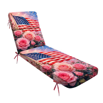  Outdoor Indoor 3'' Lounge Patio Cushion Pink Roses American Flag Stars Patriotic Floral Water-Resistant Chaise Lounge Cushion for Chair Patio Furniture Seat Cushion